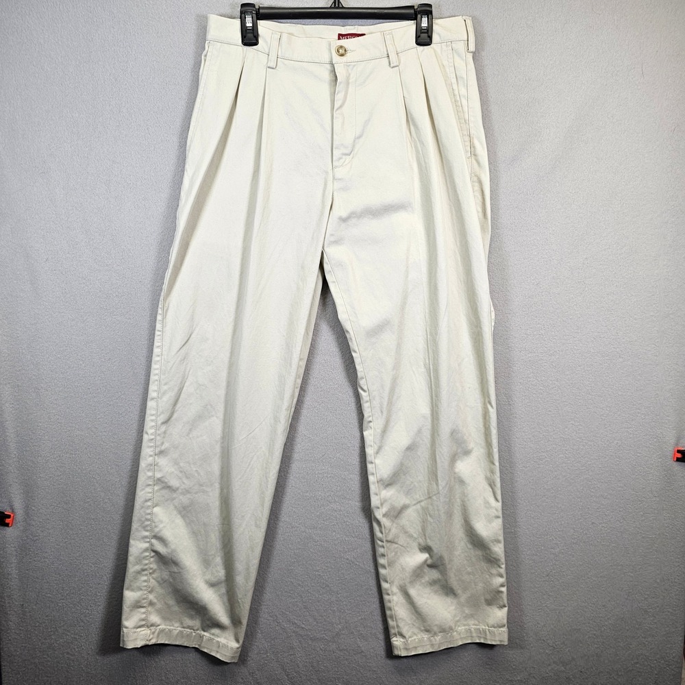 Merona Mens‎ Khaki Pleated Chino Pants Beige Cotton Blend 32x32 Straight Leg